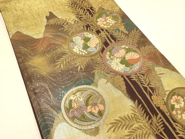 平和屋着物◎六通柄袋帯　唐織　宝秀花円文　金糸　引箔　正絹　逸品　DAAX0617jm