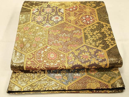 平和屋着物◎六通柄袋帯　亀甲花文　金糸　正絹　逸品　DAAX0620jm