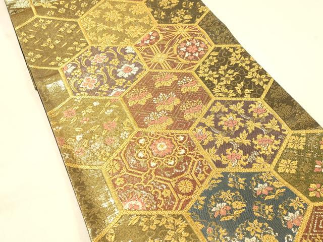 平和屋着物◎六通柄袋帯　亀甲花文　金糸　正絹　逸品　DAAX0620jm