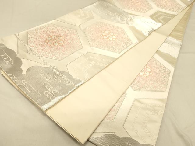 平和屋着物◎六通柄袋帯　唐織　亀甲花唐草文　銀糸　正絹　逸品　DAAX0632jm