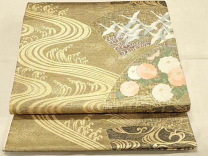 平和屋着物◎六通柄袋帯　唐織　地紙飛鶴花文　万寿菊　金糸　正絹　逸品　DAAX0636jm