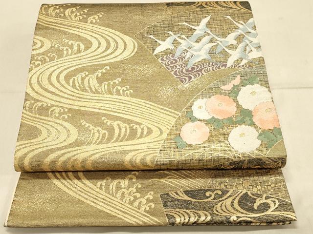 平和屋着物◎六通柄袋帯　唐織　地紙飛鶴花文　万寿菊　金糸　正絹　逸品　DAAX0636jm