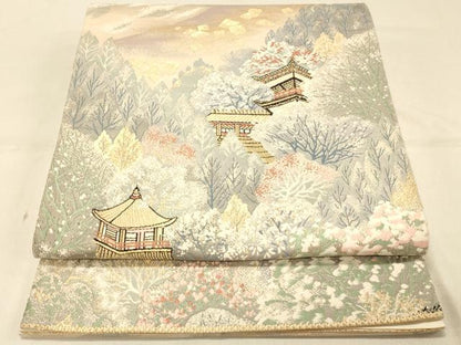 平和屋着物◎六通柄袋帯　唐織　光悦錦シルクロード　風景樹林文　金糸　正絹　逸品　DAAX0639jm