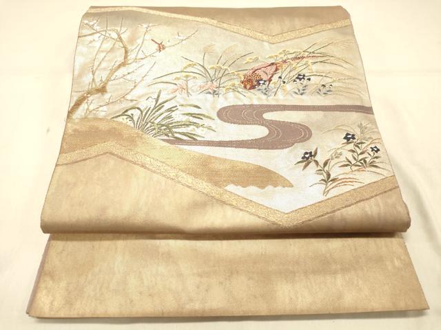 平和屋着物◎六通柄袋帯　屏風花鳥文　金銀糸　引箔　正絹　逸品　DAAX0640jm