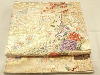 平和屋着物◎六通柄袋帯　唐織　大奥絵巻　流水花鳥文　金糸　正絹　逸品　DAAX0642jm