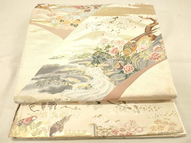 平和屋着物◎六通柄袋帯　唐織　地紙鴛鴦花文　金糸　正絹　逸品　DAAX0643jm