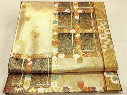 平和屋着物◎六通柄袋帯　格子秋草文　金糸　正絹　逸品　DAAX0664jm