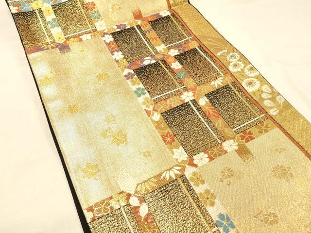 平和屋着物◎六通柄袋帯　格子秋草文　金糸　正絹　逸品　DAAX0664jm