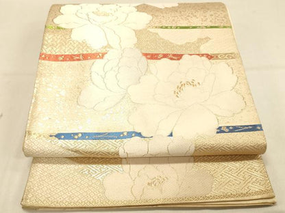 平和屋着物◎六通柄袋帯　唐織　横段牡丹文　金糸　正絹　逸品　DAAX0665jm