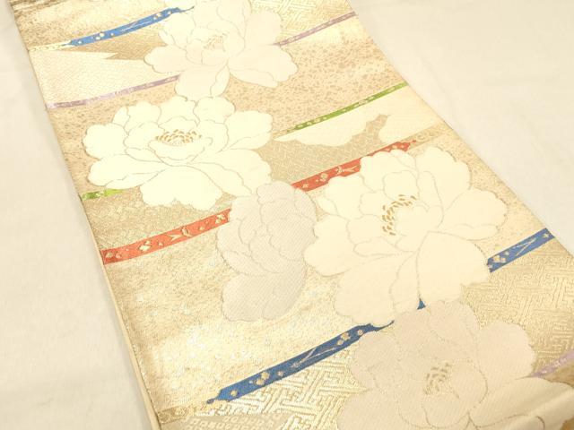 平和屋着物◎六通柄袋帯　唐織　横段牡丹文　金糸　正絹　逸品　DAAX0665jm
