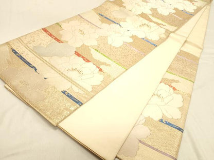 平和屋着物◎六通柄袋帯　唐織　横段牡丹文　金糸　正絹　逸品　DAAX0665jm