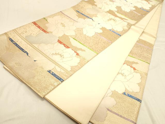 平和屋着物◎六通柄袋帯　唐織　横段牡丹文　金糸　正絹　逸品　DAAX0665jm