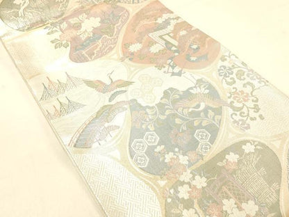 平和屋着物◎佐賀錦　六通柄袋帯　御所車飛鶴花文　金銀糸　正絹　逸品　DAAX0666jm