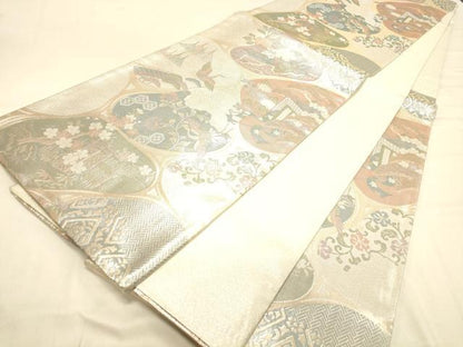 平和屋着物◎佐賀錦　六通柄袋帯　御所車飛鶴花文　金銀糸　正絹　逸品　DAAX0666jm
