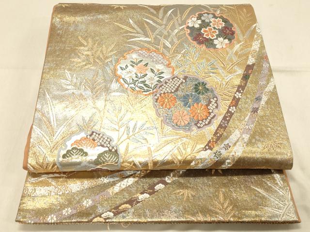 平和屋着物◎六通柄袋帯 雪輪麗花文 貝碧箔 正絹 逸品 DAAX0670jm