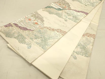 平和屋着物◎六通柄袋帯 道長草花文 銀糸 正絹 逸品 DAAX0672jm