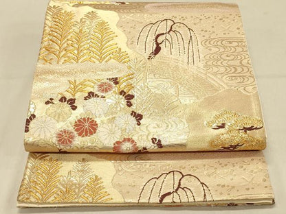 平和屋着物◎六通柄袋帯　唐織　渡橋花文　金糸　正絹　逸品　DAAX0678jm