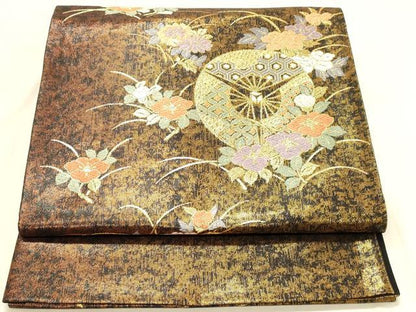 平和屋着物◎六通柄袋帯 唐織 扇面草花文 黒地 金糸 正絹 逸品 DAAX0680jm