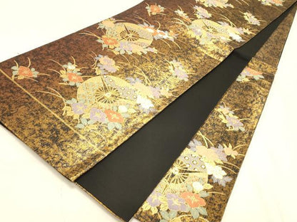 平和屋着物◎六通柄袋帯 唐織 扇面草花文 黒地 金糸 正絹 逸品 DAAX0680jm