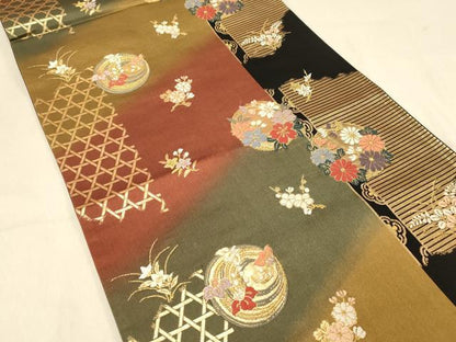 平和屋着物◎両面 六通柄袋帯 唐織 花丸文 黒地 金糸 正絹 逸品 DAAX0686jm