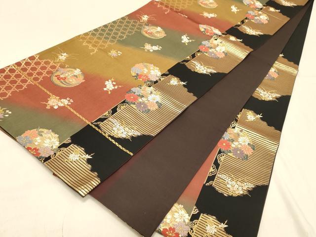 平和屋着物◎両面 六通柄袋帯 唐織 花丸文 黒地 金糸 正絹 逸品 DAAX0686jm