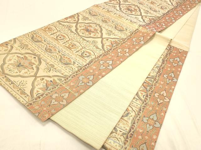 平和屋着物◎六通柄袋帯　横段更紗花文　金糸　正絹　逸品　DAAX0710jm