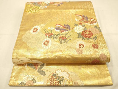 平和屋着物◎六通柄袋帯 唐織 鴛鴦花文 金糸 引箔 正絹 逸品 DAAX0711jm