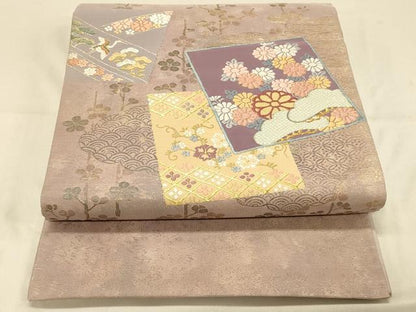 平和屋着物◎太鼓柄袋帯　唐織　色紙吉祥花文　金銀糸　正絹　逸品　DAAX0714jm