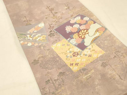 平和屋着物◎太鼓柄袋帯　唐織　色紙吉祥花文　金銀糸　正絹　逸品　DAAX0714jm