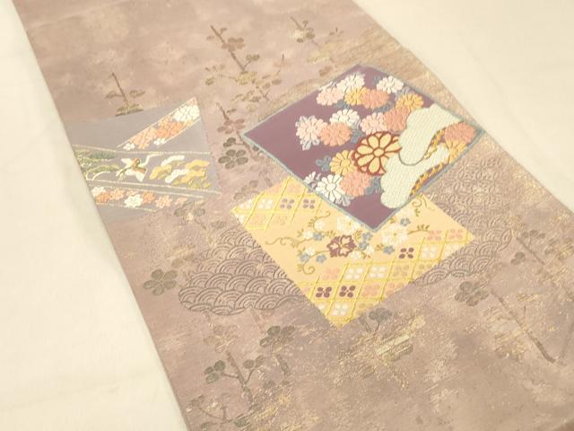 平和屋着物◎太鼓柄袋帯　唐織　色紙吉祥花文　金銀糸　正絹　逸品　DAAX0714jm