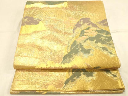 平和屋着物◎六通柄袋帯　ふるさと　流水花文　笹　松　金糸　正絹　逸品　DAAX0744jm
