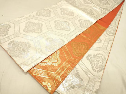 平和屋着物◎両面　六通柄袋帯　亀甲花文　銀糸　正絹　逸品　DAAX0753jm