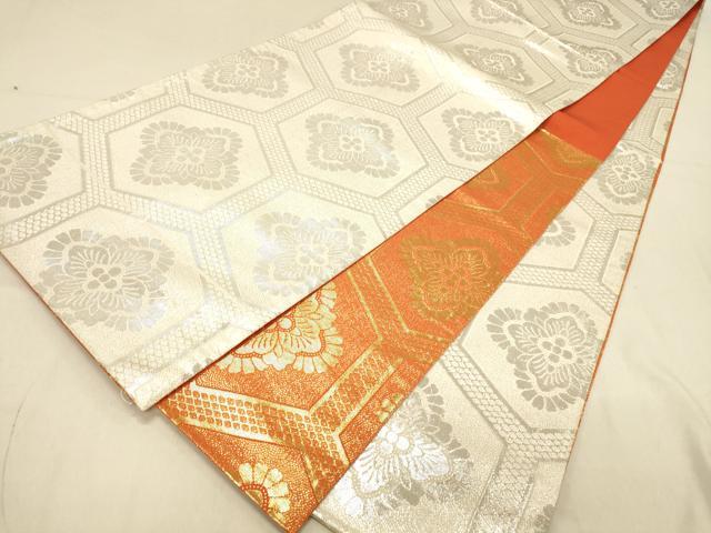 平和屋着物◎両面　六通柄袋帯　亀甲花文　銀糸　正絹　逸品　DAAX0753jm