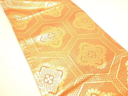 平和屋着物◎両面　六通柄袋帯　亀甲花文　銀糸　正絹　逸品　DAAX0753jm