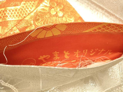 平和屋着物◎両面　六通柄袋帯　亀甲花文　銀糸　正絹　逸品　DAAX0753jm