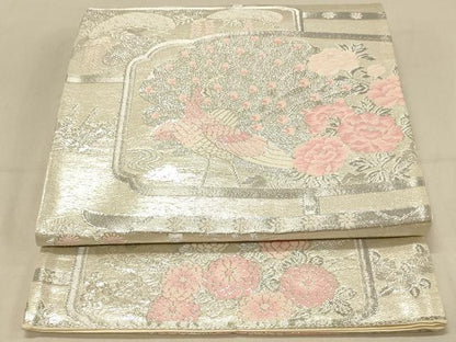 平和屋着物◎六通柄袋帯　屏風孔雀花文　銀糸　正絹　逸品　DAAX0797jm
