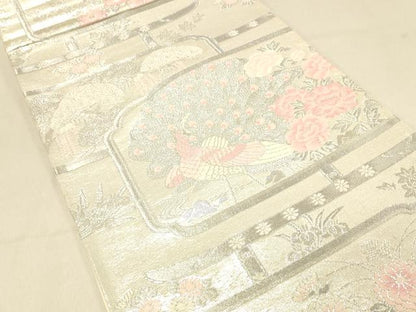平和屋着物◎六通柄袋帯　屏風孔雀花文　銀糸　正絹　逸品　DAAX0797jm