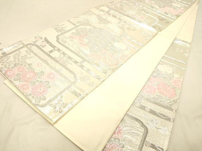 平和屋着物◎六通柄袋帯　屏風孔雀花文　銀糸　正絹　逸品　DAAX0797jm