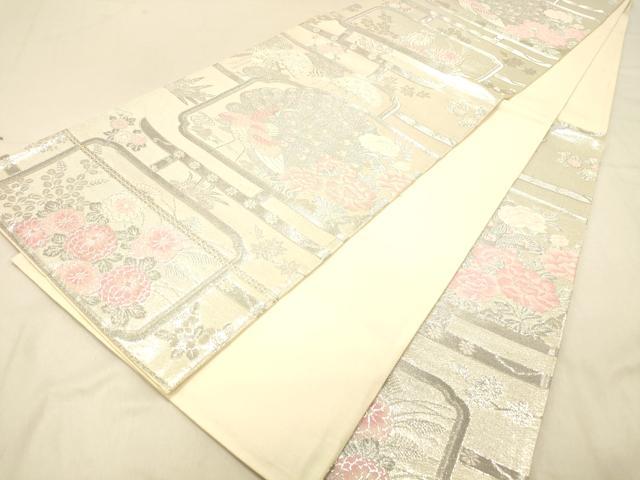 平和屋着物◎六通柄袋帯　屏風孔雀花文　銀糸　正絹　逸品　DAAX0797jm