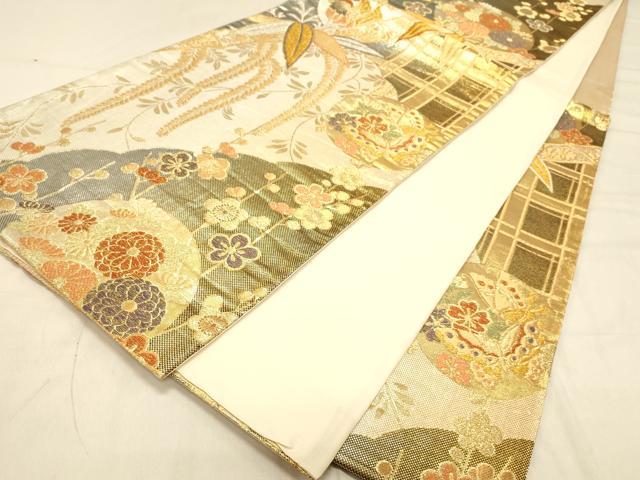 平和屋着物◎六通柄袋帯　吉祥花蝶文　金銀糸　正絹　逸品　DAAX0814jm