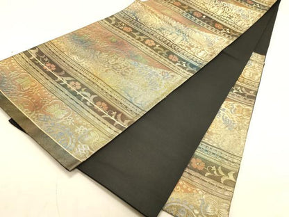 平和屋着物◎六通柄袋帯　横段花蝶文　金糸　正絹　逸品　DAAX0847jm