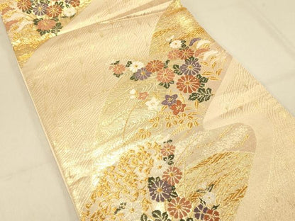 平和屋着物◎六通柄袋帯　流水花文　金糸　正絹　逸品　DAAX0850jm
