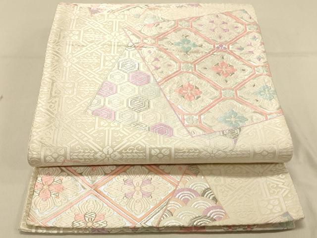 平和屋着物◎六通柄袋帯　唐織　色紙蜀江花文　銀糸　正絹　逸品　DAAX0861jm