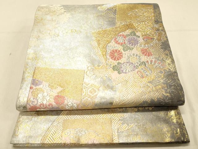 平和屋着物◎六通柄袋帯　色紙宝尽くし花文　金銀糸　引箔　正絹　逸品　DAAX0864jm