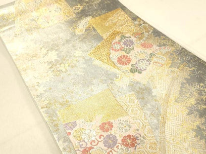 平和屋着物◎六通柄袋帯　色紙宝尽くし花文　金銀糸　引箔　正絹　逸品　DAAX0864jm