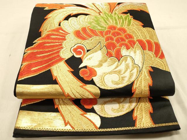 平和屋着物◎六通柄袋帯　唐織　鳳凰文　黒地　金糸　正絹　逸品　DAAX0873jm
