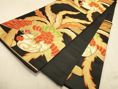 平和屋着物◎六通柄袋帯　唐織　鳳凰文　黒地　金糸　正絹　逸品　DAAX0873jm