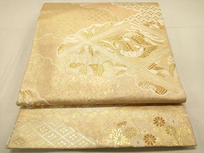 平和屋着物◎六通柄袋帯 雲取り向い鳥菱文 金糸 引箔 正絹 逸品 DAAX0882jm