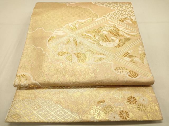 平和屋着物◎六通柄袋帯 雲取り向い鳥菱文 金糸 引箔 正絹 逸品 DAAX0882jm
