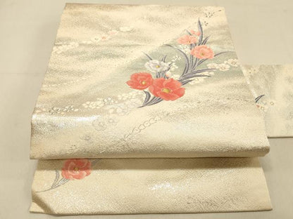 平和屋着物◎九寸名古屋帯　草花文　金銀糸　正絹　逸品　DAAX0892jm